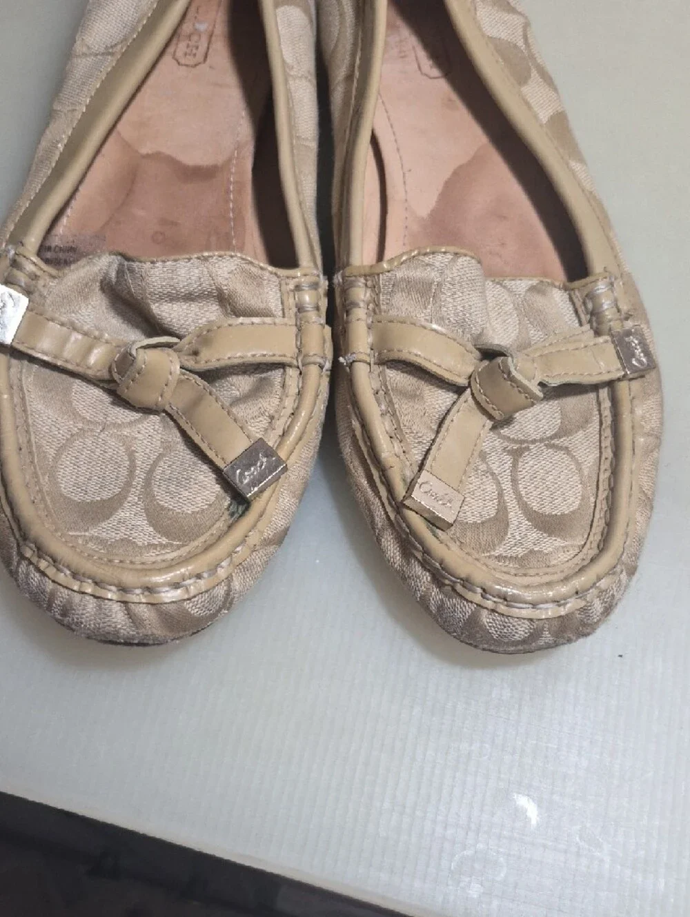 Coach Beige Signature Canvas Bow Moccasin Flats
